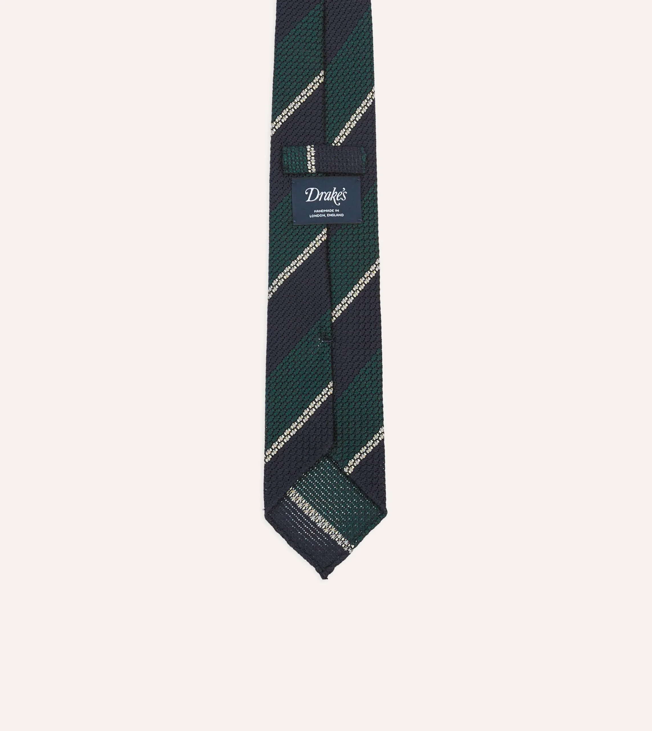 Drake’s Navy, Green And White Multi Stripe Hand Rolled Silk Grenadine Tie