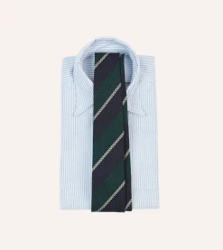 Drake’s Navy, Green And White Multi Stripe Hand Rolled Silk Grenadine Tie