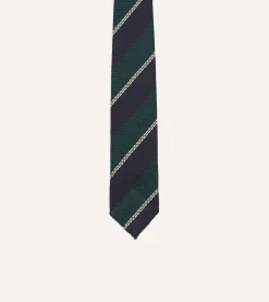 Drake’s Navy, Green And White Multi Stripe Hand Rolled Silk Grenadine Tie