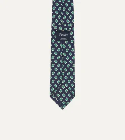 Drake’s Navy Jumbled Medallion Print Silk Self Tipped Tie