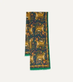 Drake’s Navy Jumbo Tiger Print Wool-Silk Scarf