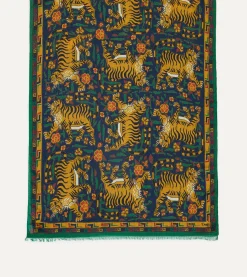 Drake’s Navy Jumbo Tiger Print Wool-Silk Scarf