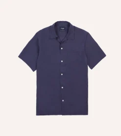 Drake’s Navy Linen Camp Collar Short Sleeve Shirt