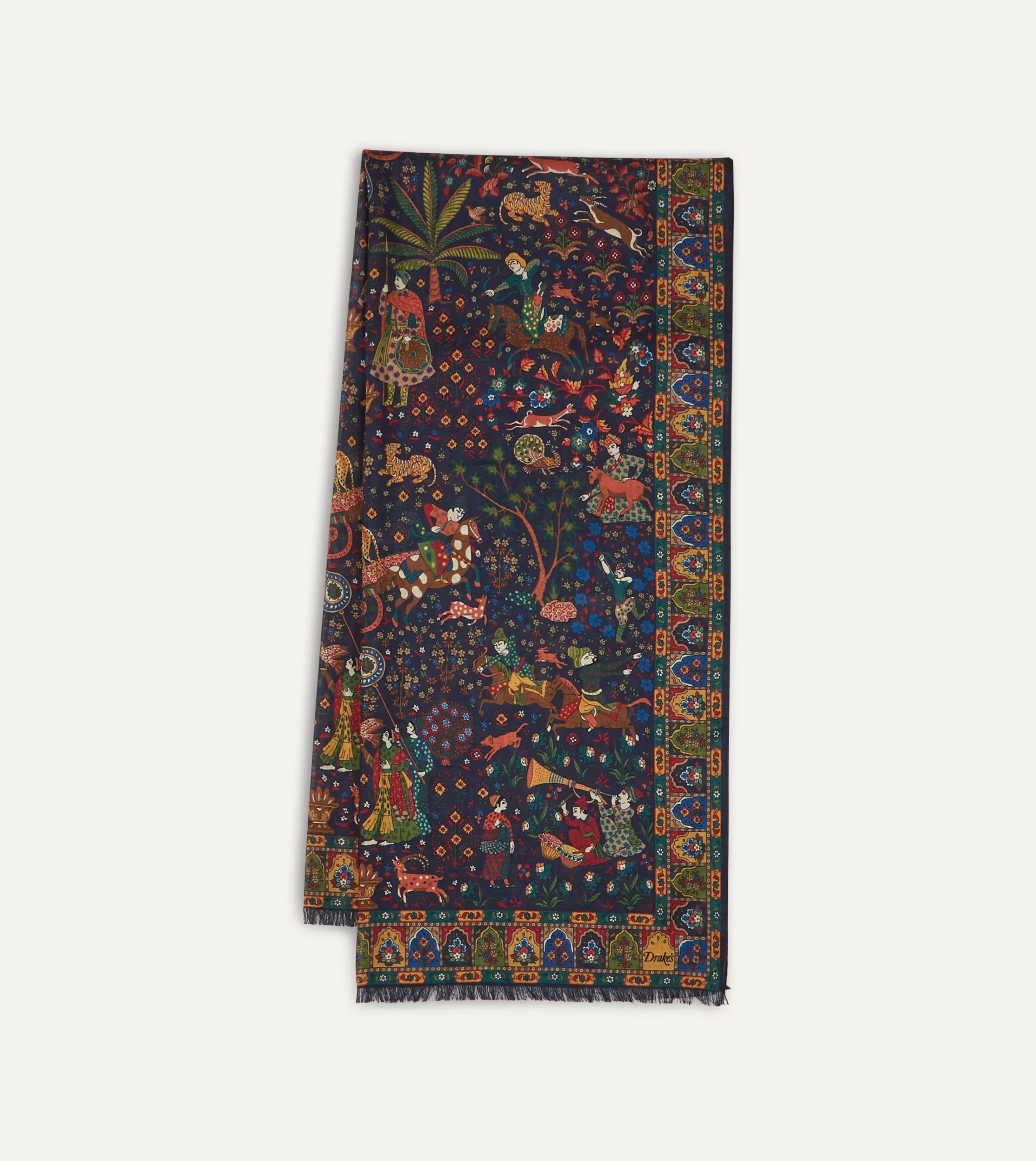 Drake’s Mughal Hunter Print Wool-Silk Scarf