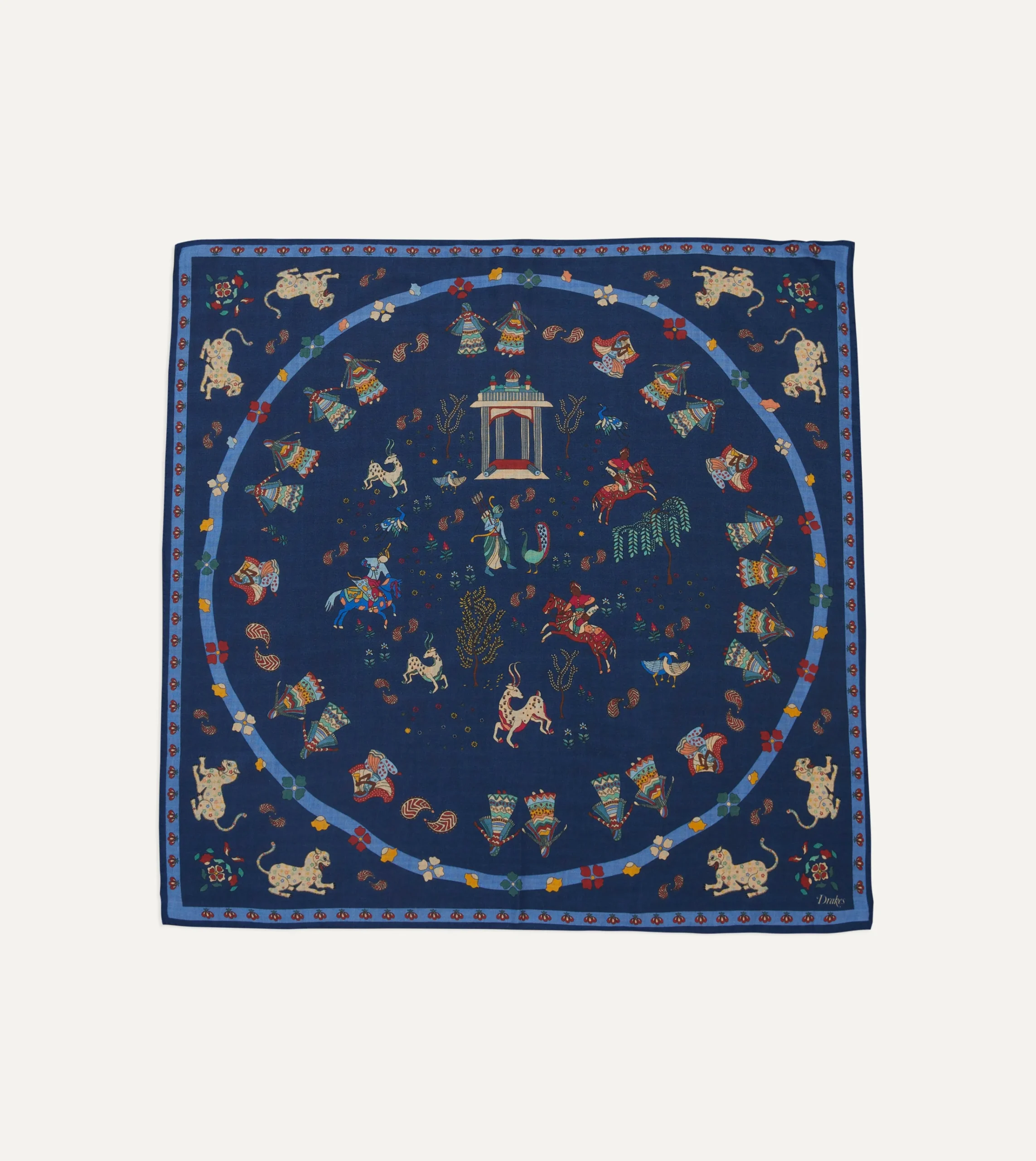 Drake’s Navy Mughal Leopards Print Wool-Silk Bandana