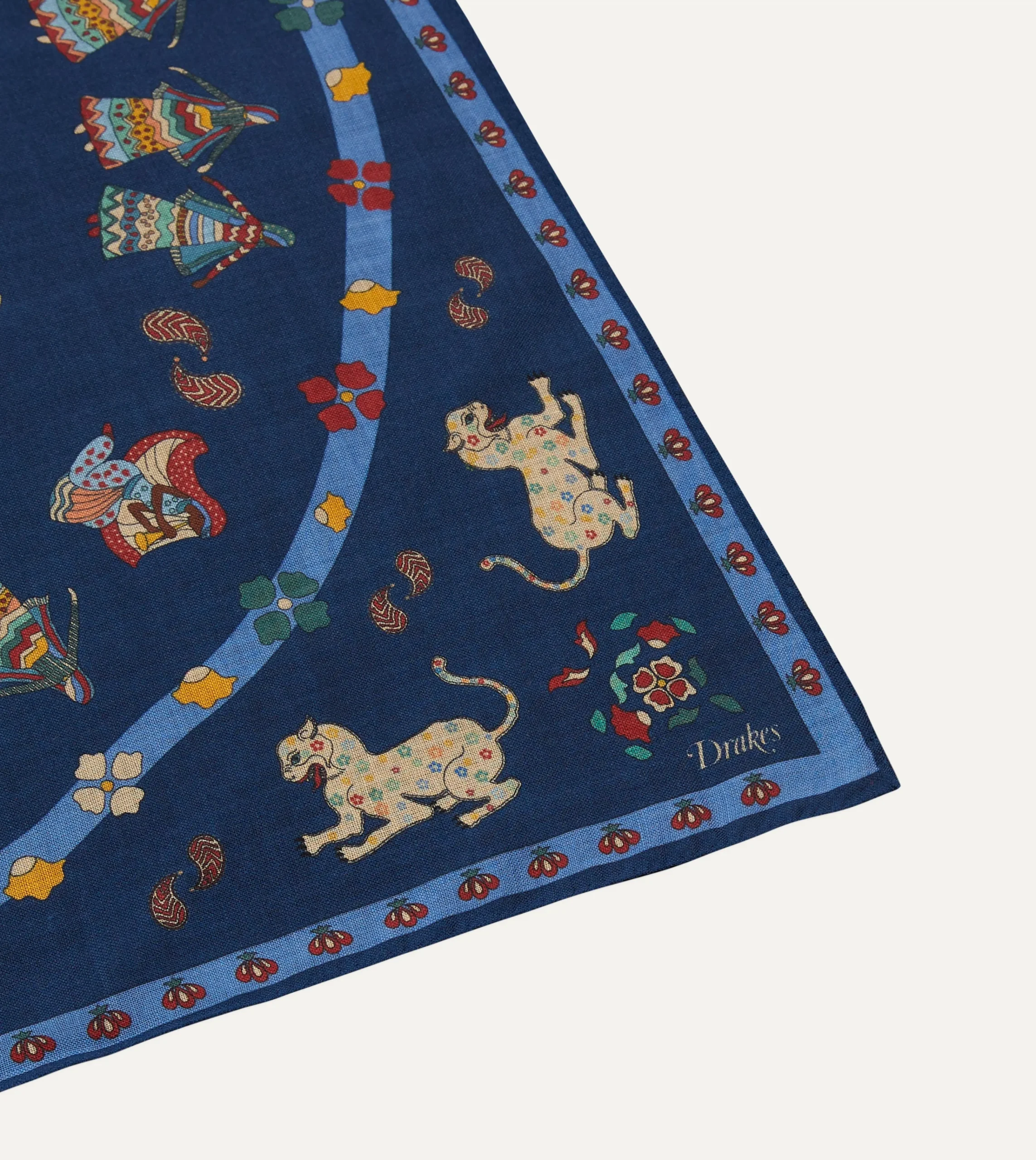 Drake’s Navy Mughal Leopards Print Wool-Silk Bandana