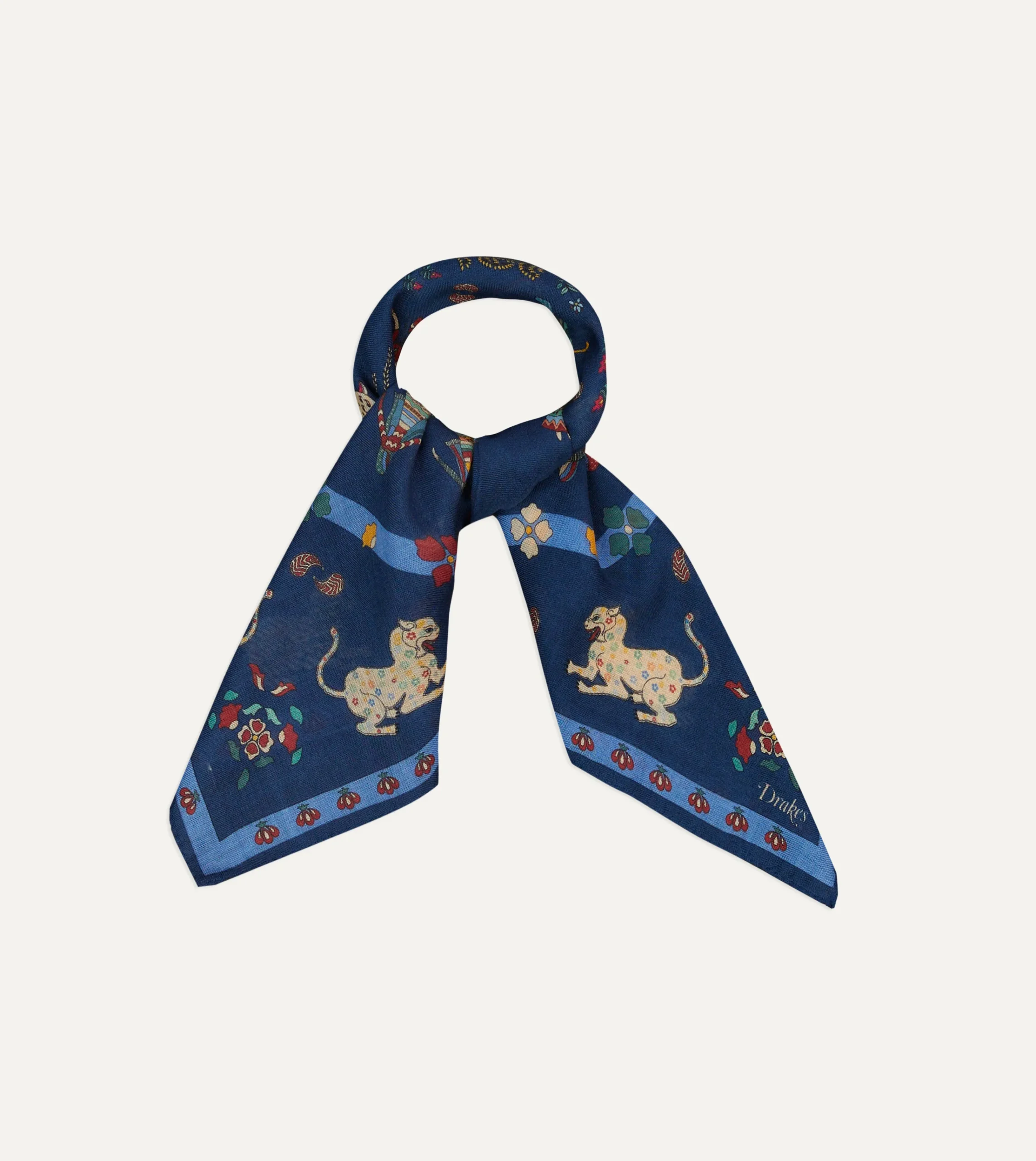Drake’s Navy Mughal Leopards Print Wool-Silk Bandana