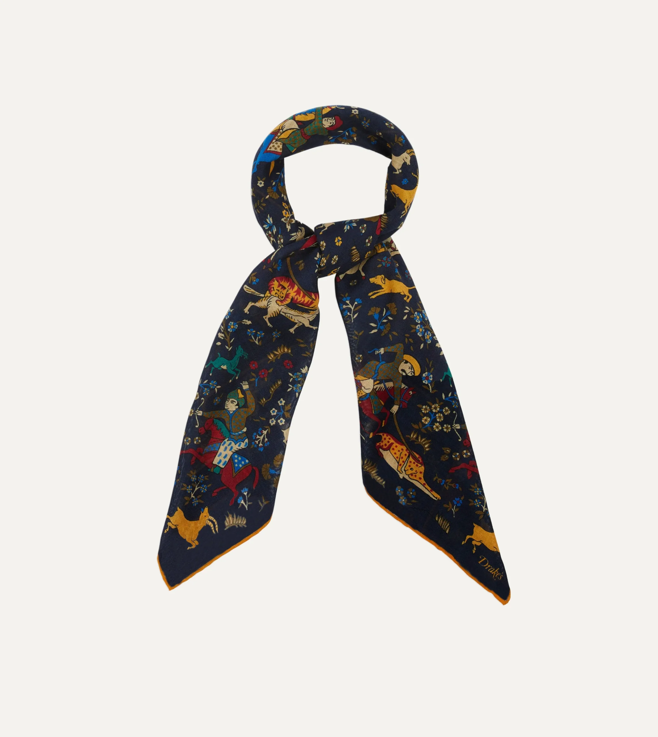 Drake’s Navy Mughal Print Wool-Silk Square Scarf