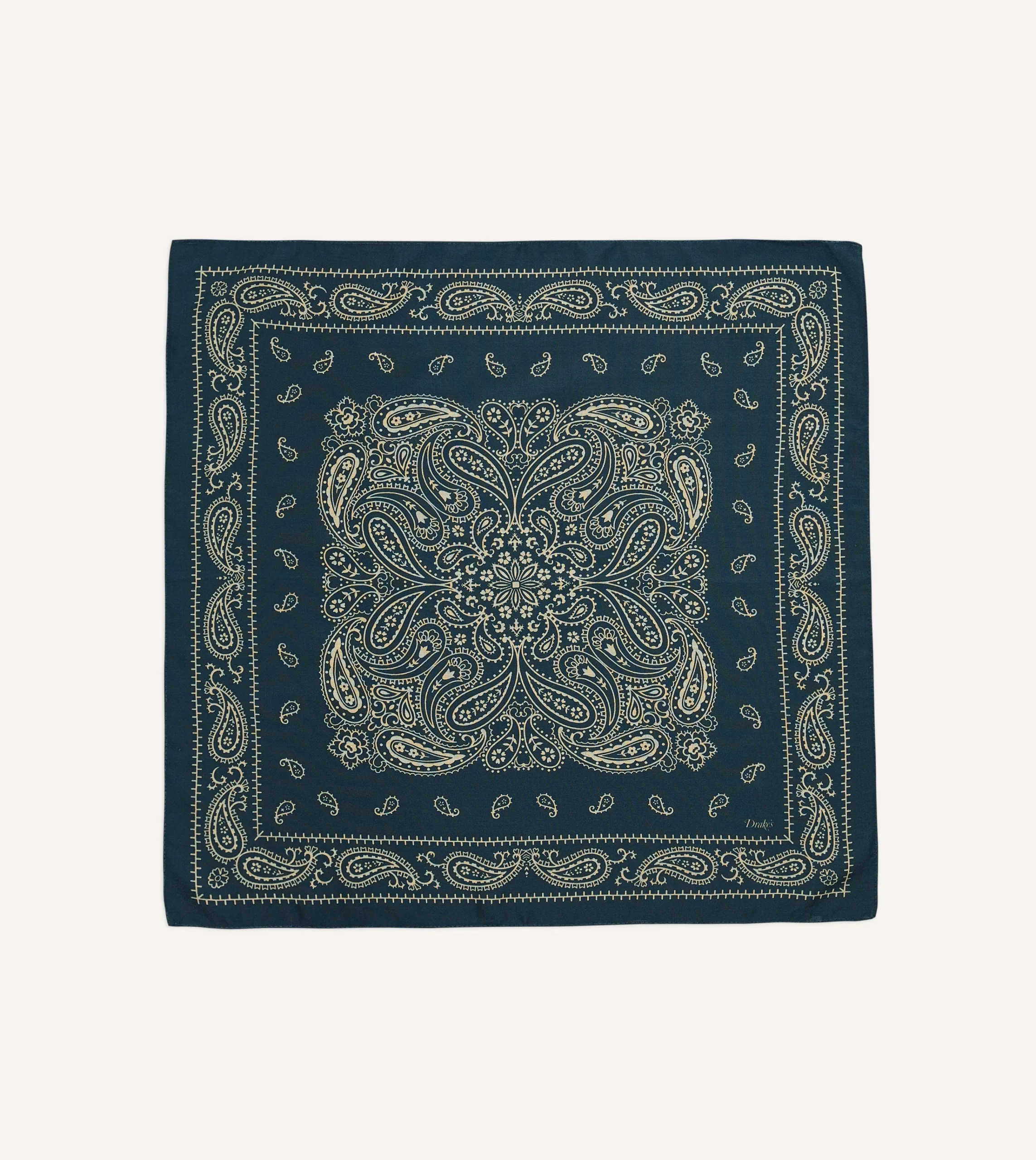 Drake’s Navy Paisley Print Wool-Silk Bandana