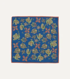 Drake’s Navy Peacock Print Wool-Silk Pocket Square