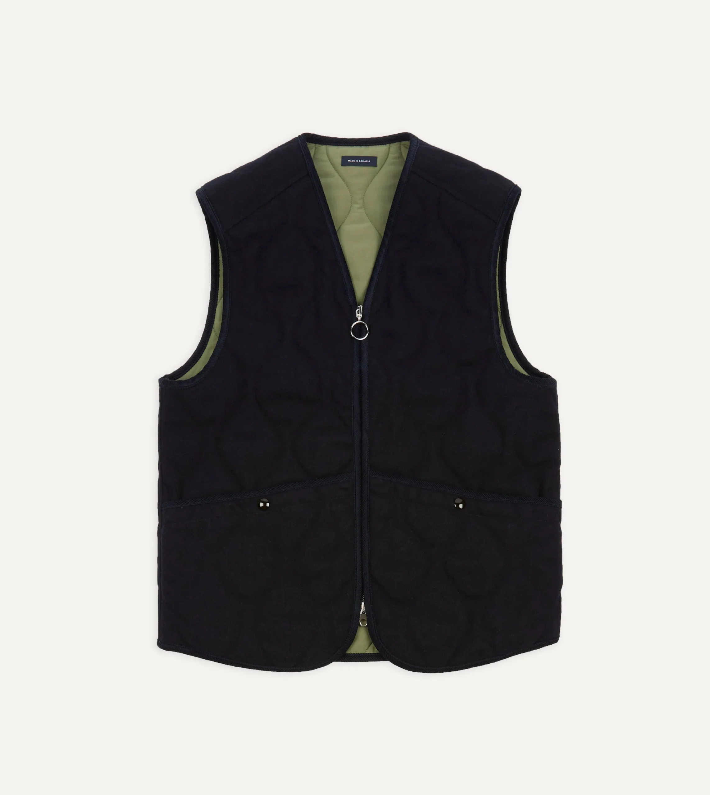 Drake’s Navy Quilted Melton Wool Zip Vest