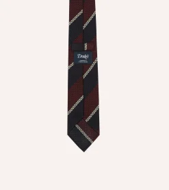 Drake’s Navy, Red And White Multi Stripe Hand Rolled Silk Grenadine Tie