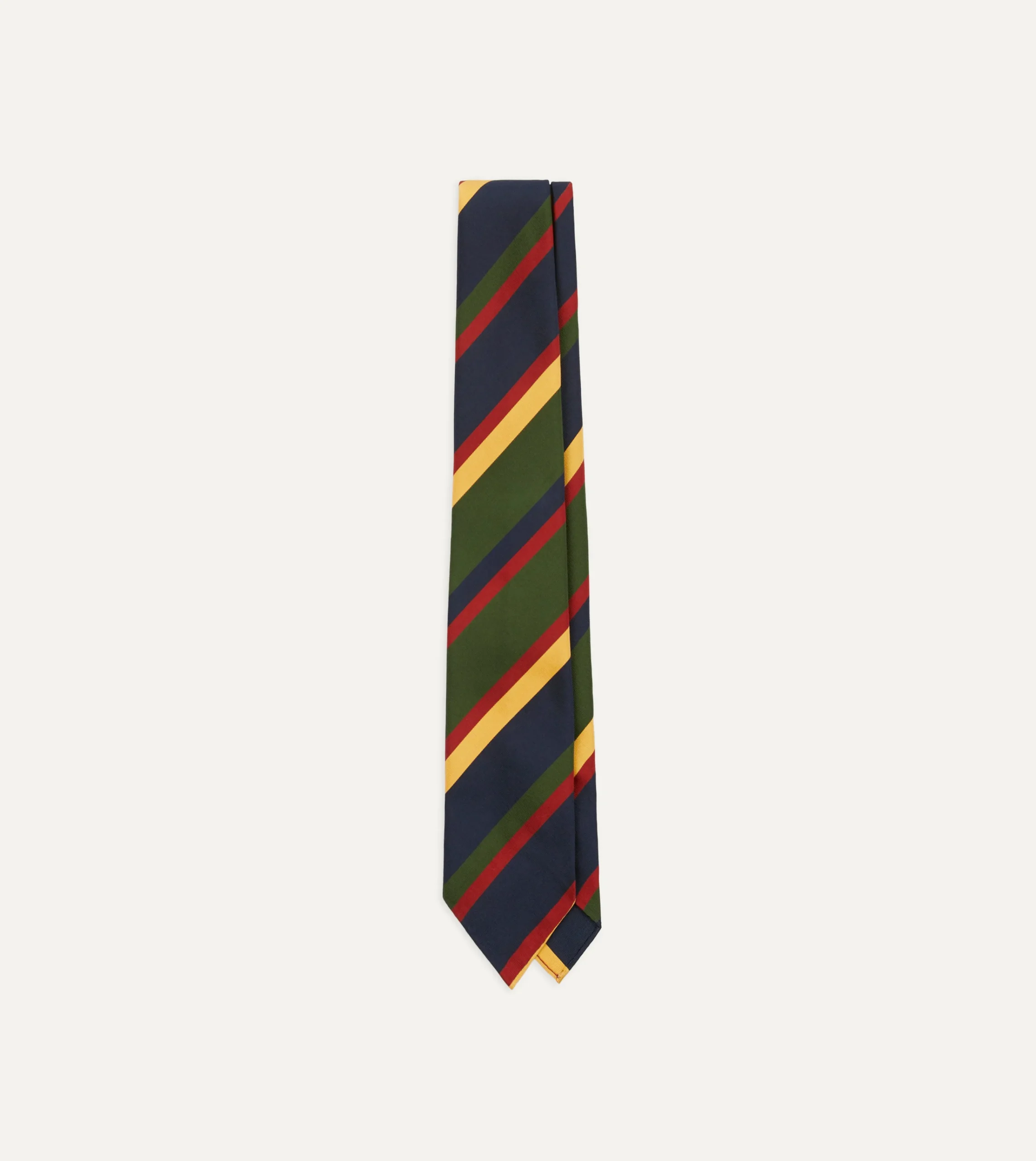 Drake’s Navy, Red, Green And Yellow Stripe Silk Hand Rolled Tie