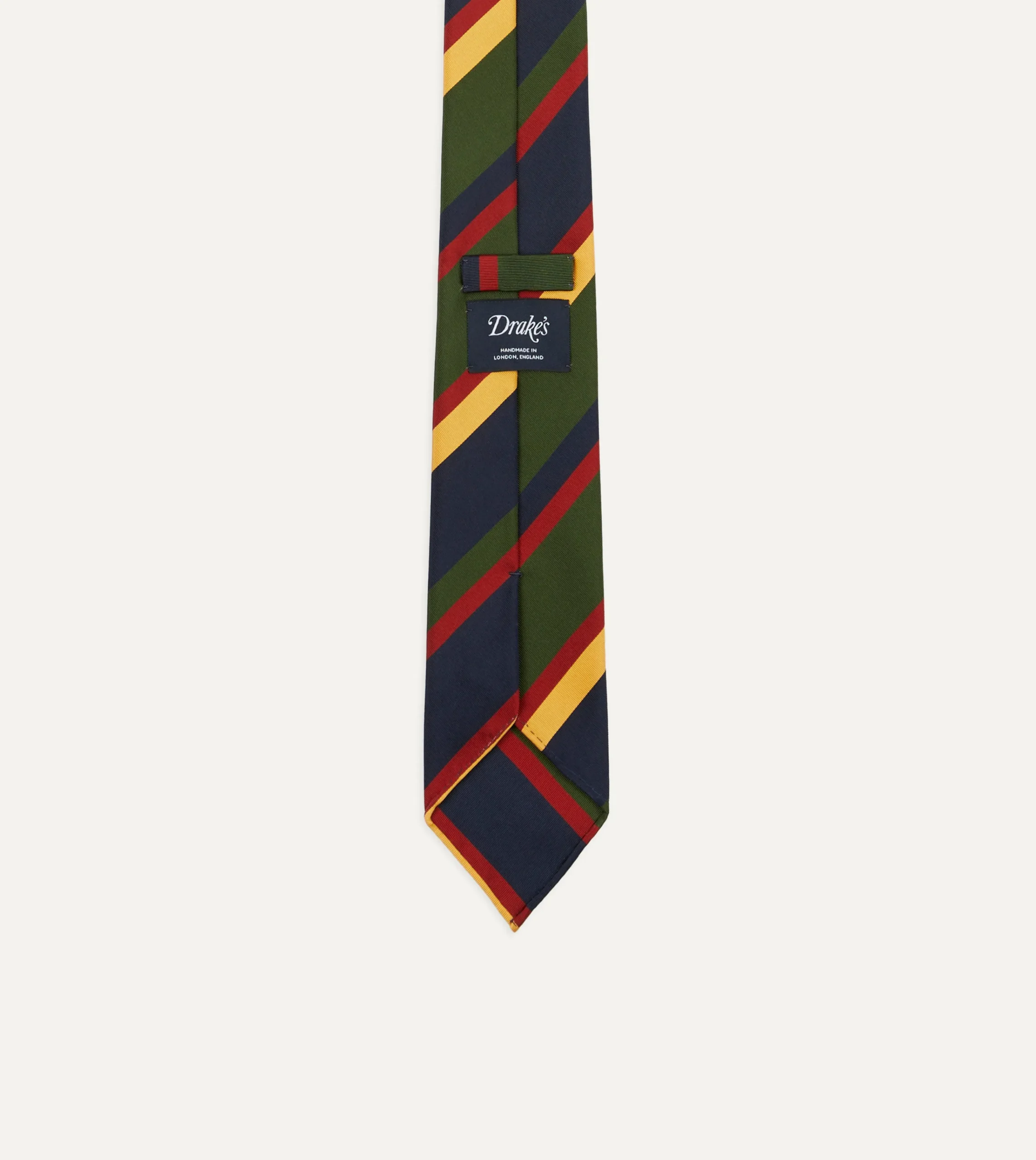 Drake’s Navy, Red, Green And Yellow Stripe Silk Hand Rolled Tie