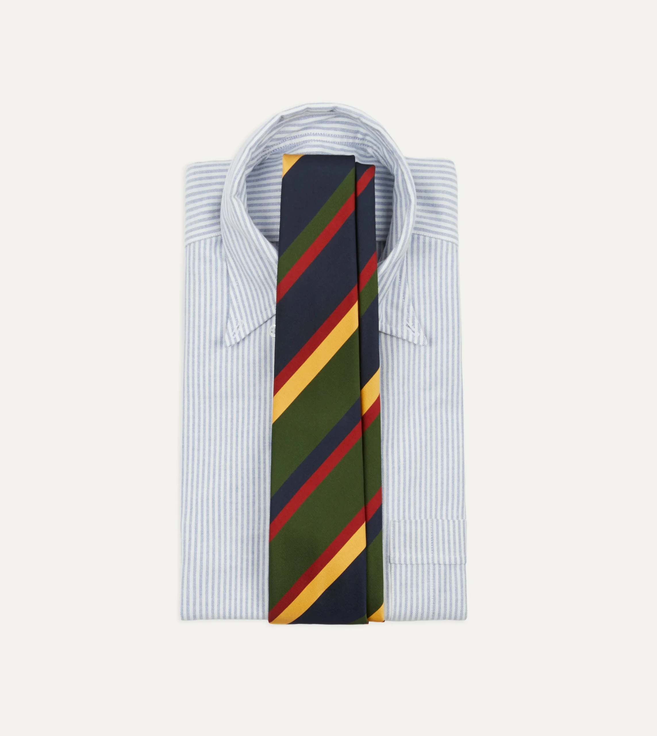 Drake’s Navy, Red, Green And Yellow Stripe Silk Hand Rolled Tie