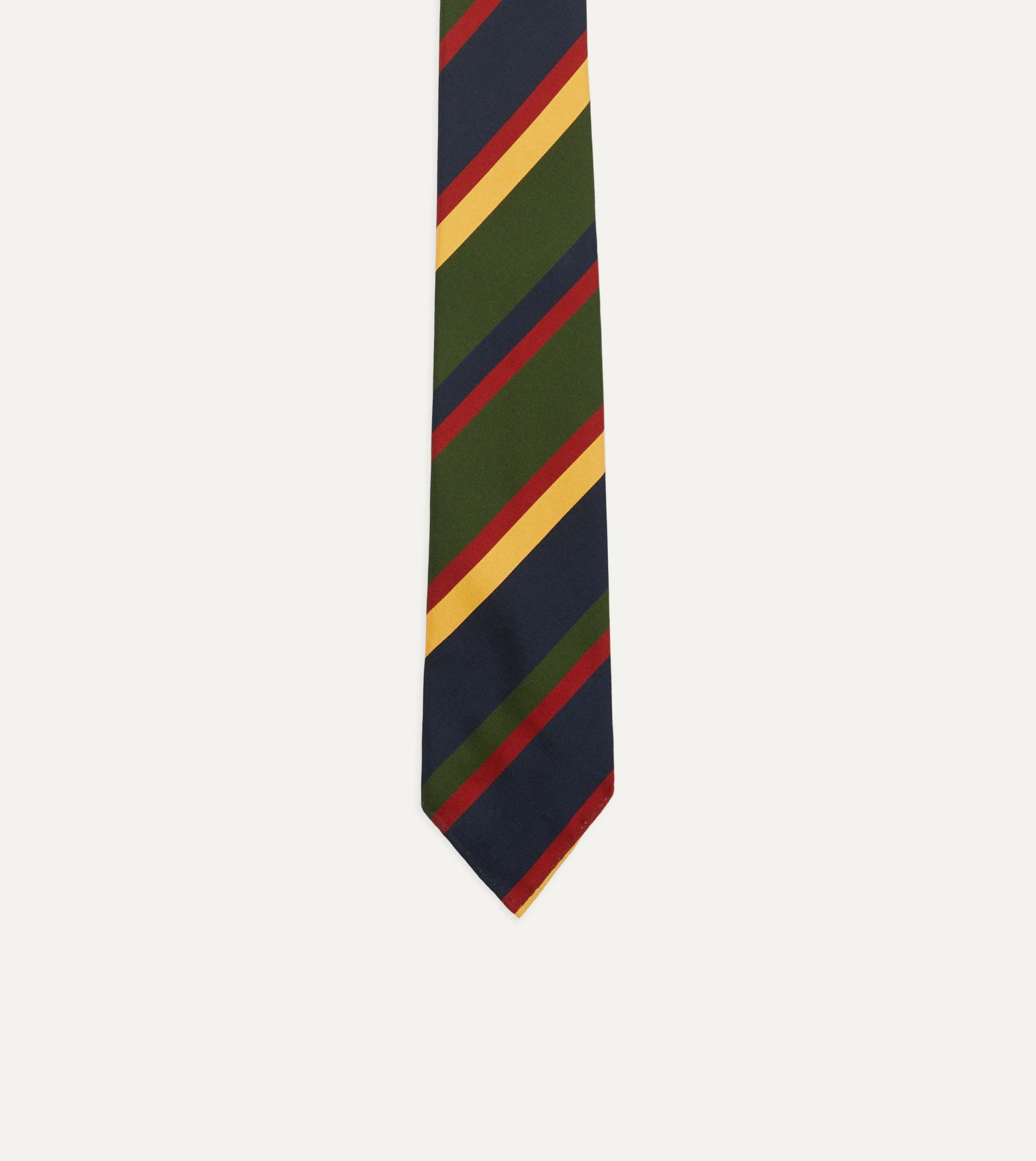 Drake’s Navy, Red, Green And Yellow Stripe Silk Hand Rolled Tie