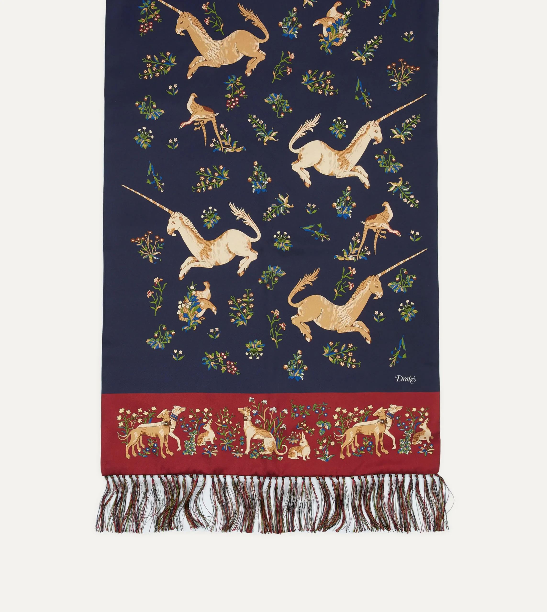 Drake’s Navy Unicorn Print Tubular Silk Tasselled Scarf