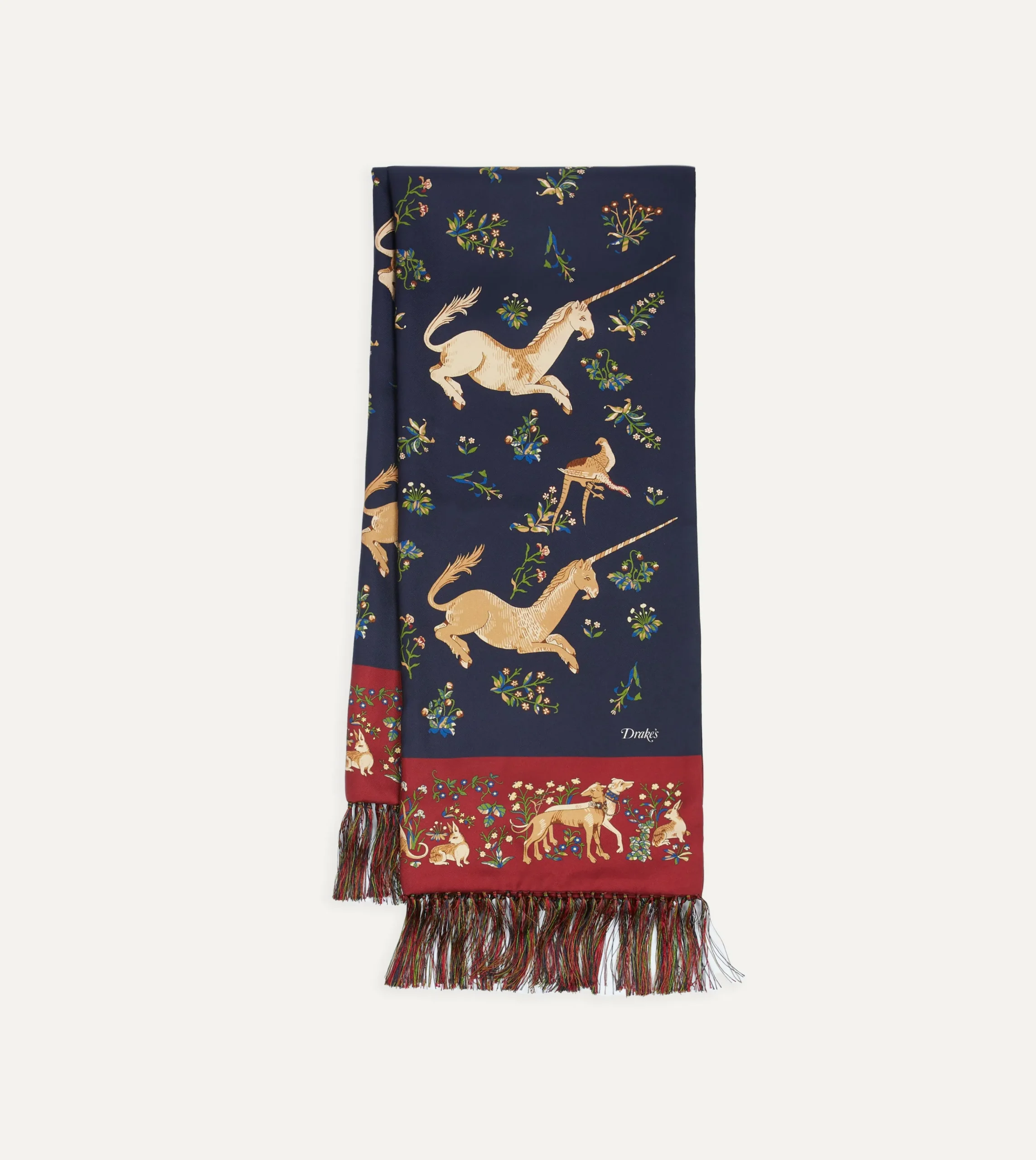 Drake’s Navy Unicorn Print Tubular Silk Tasselled Scarf