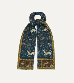 Drake’s Navy Unicorn Print Wool-Silk Scarf