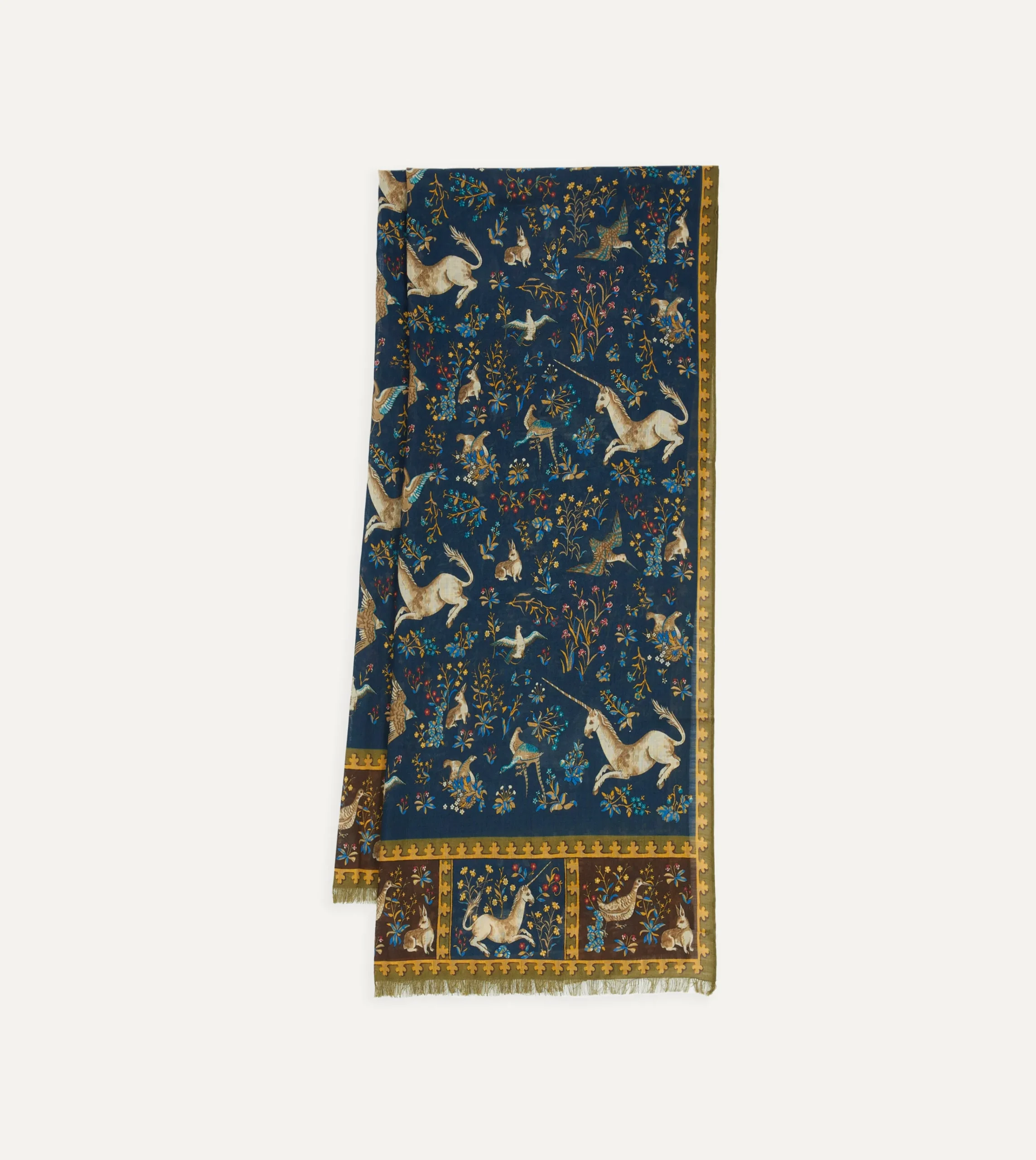 Drake’s Navy Unicorn Print Wool-Silk Scarf
