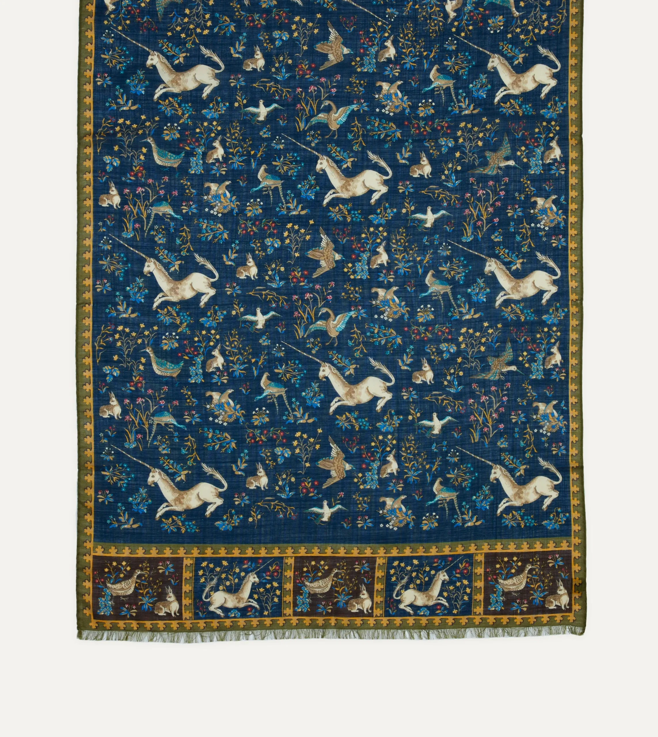 Drake’s Navy Unicorn Print Wool-Silk Scarf