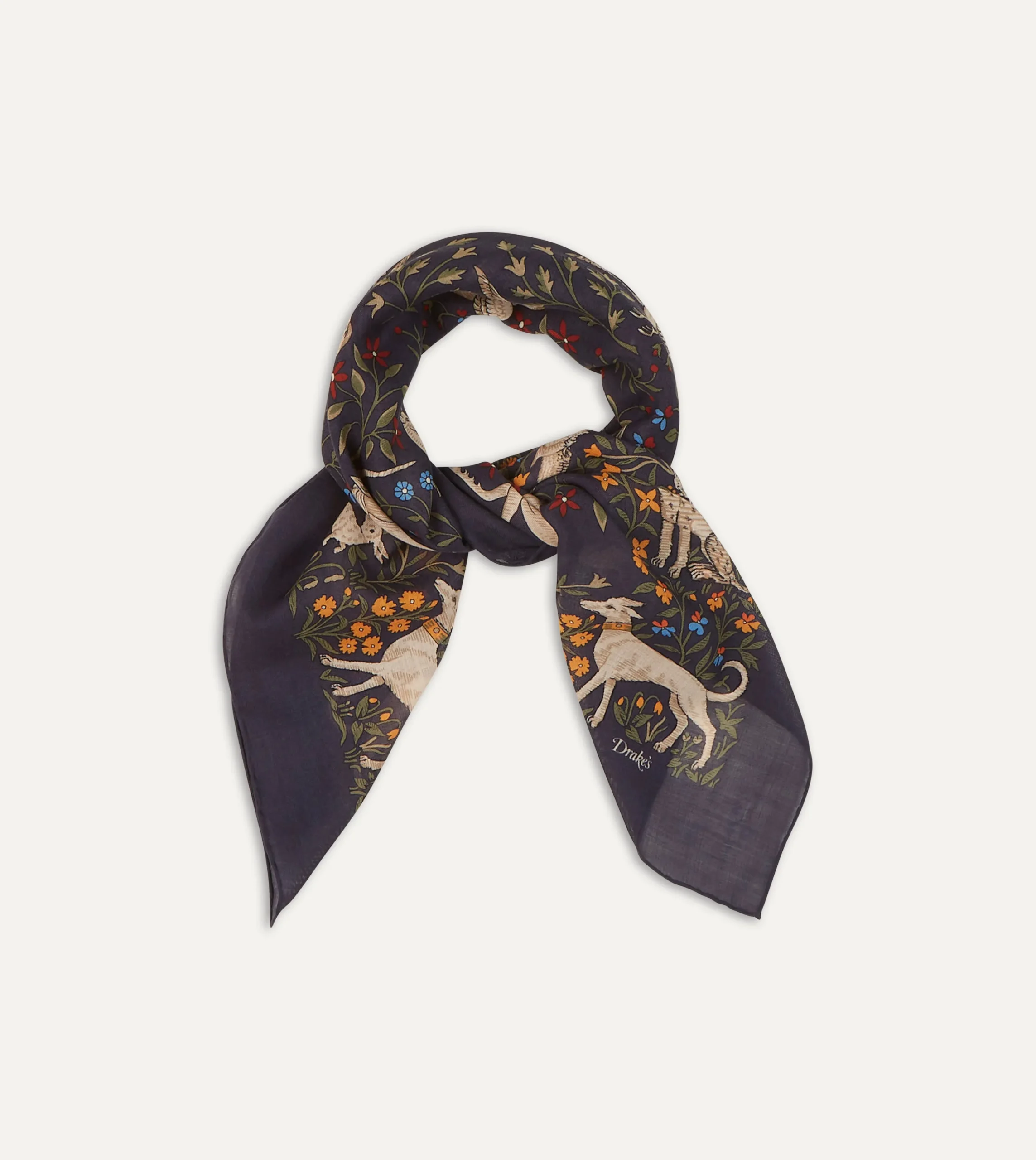 Drake’s Navy Unicorn Print Wool-Silk Square Scarf