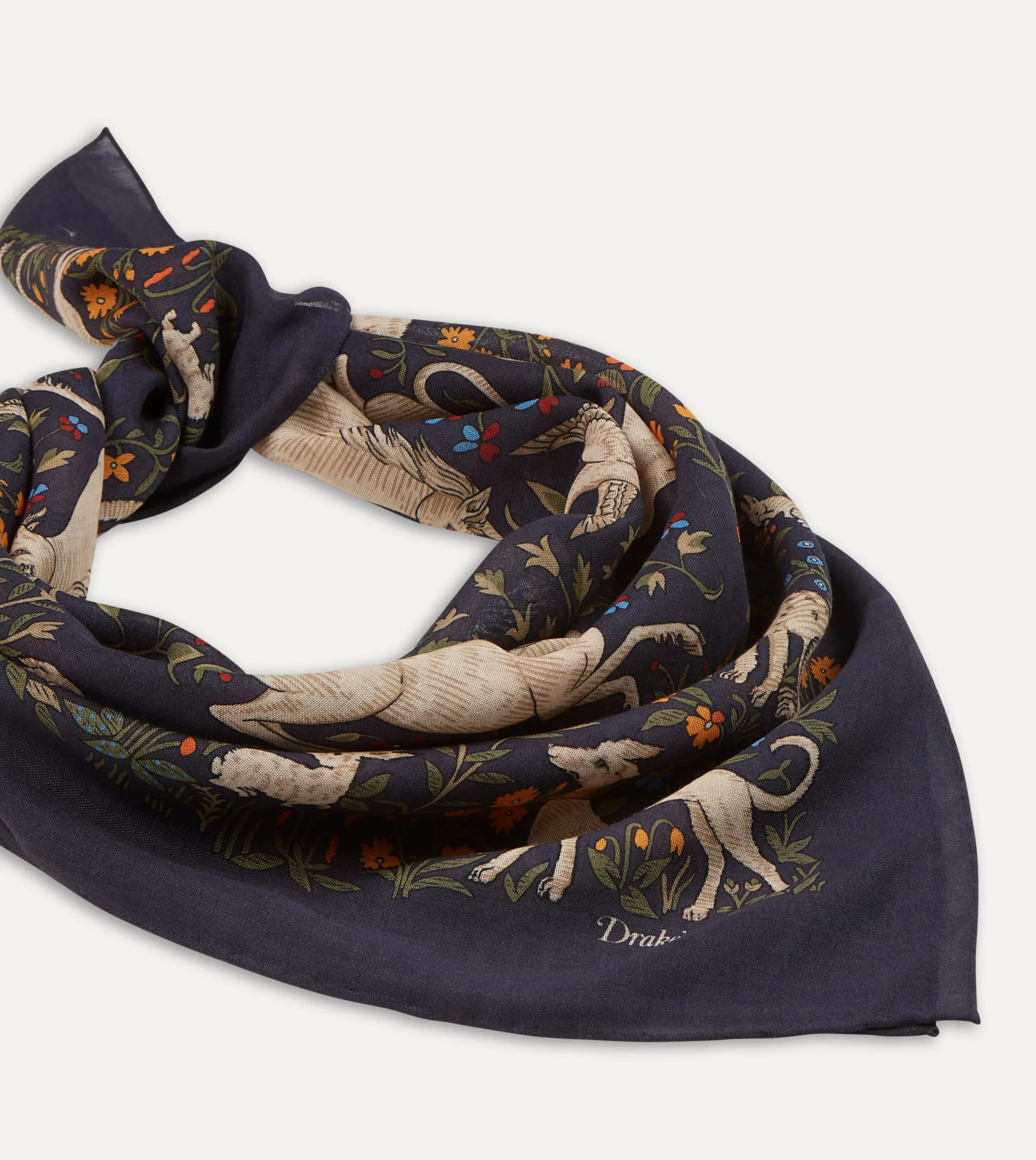 Drake’s Navy Unicorn Print Wool-Silk Square Scarf