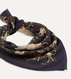 Drake’s Navy Unicorn Print Wool-Silk Square Scarf