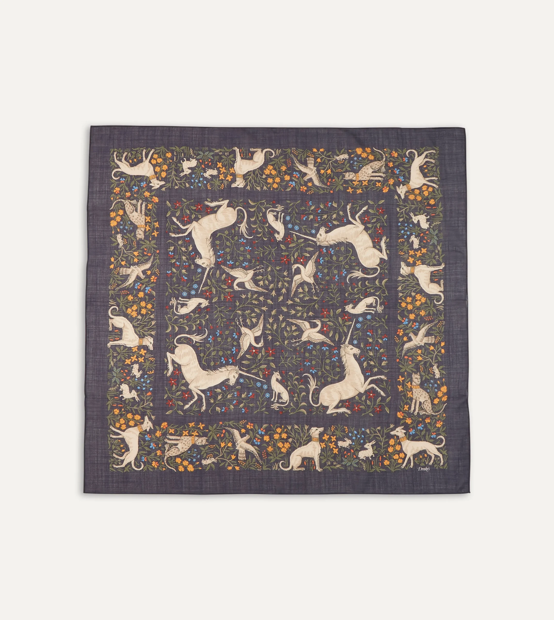 Drake’s Navy Unicorn Print Wool-Silk Square Scarf
