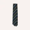 Drake’s Navy, White And Green Stripe Hand Rolled Silk Grenadine Tie