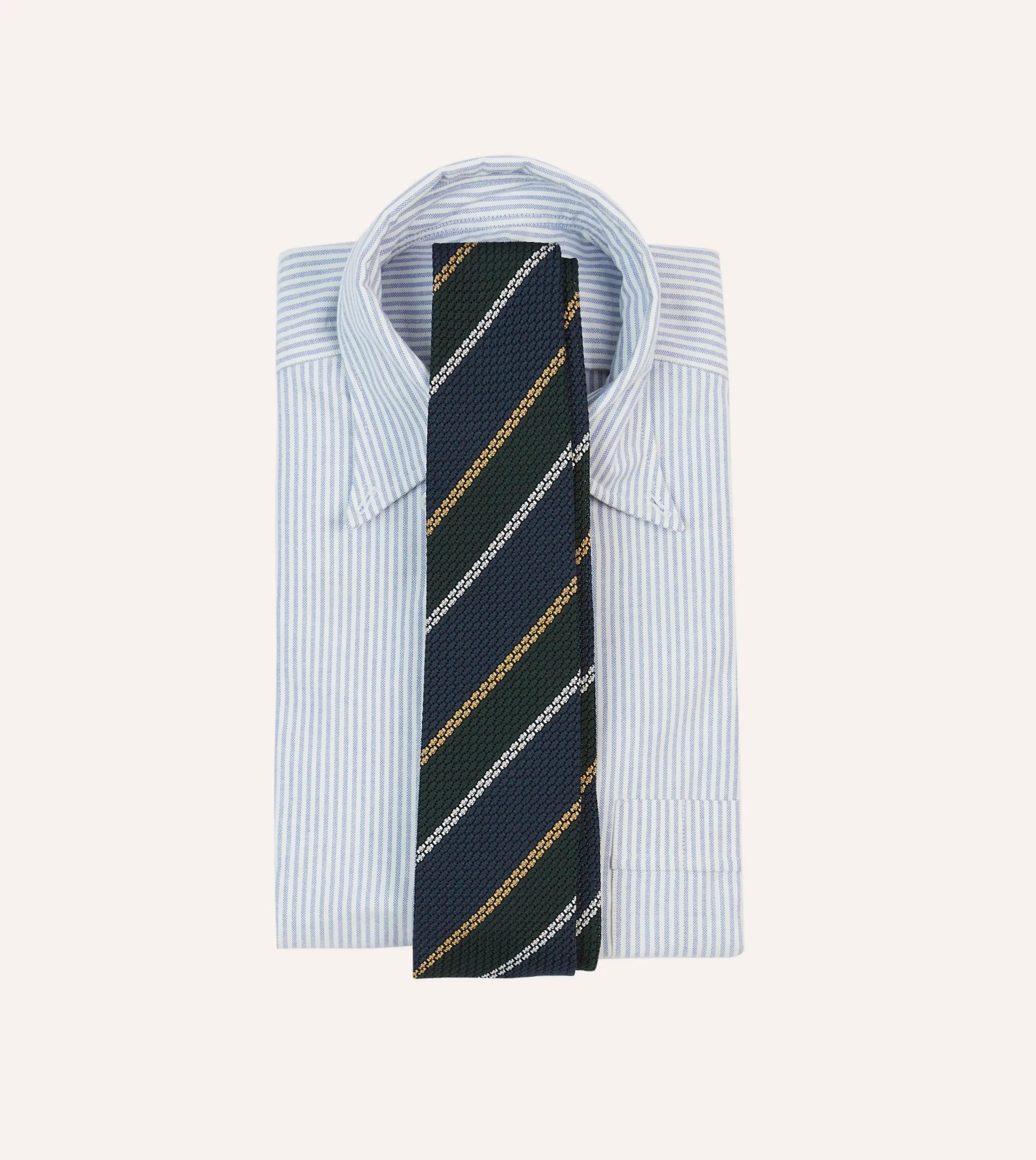 Drake’s Navy, White And Green Stripe Hand Rolled Silk Grenadine Tie