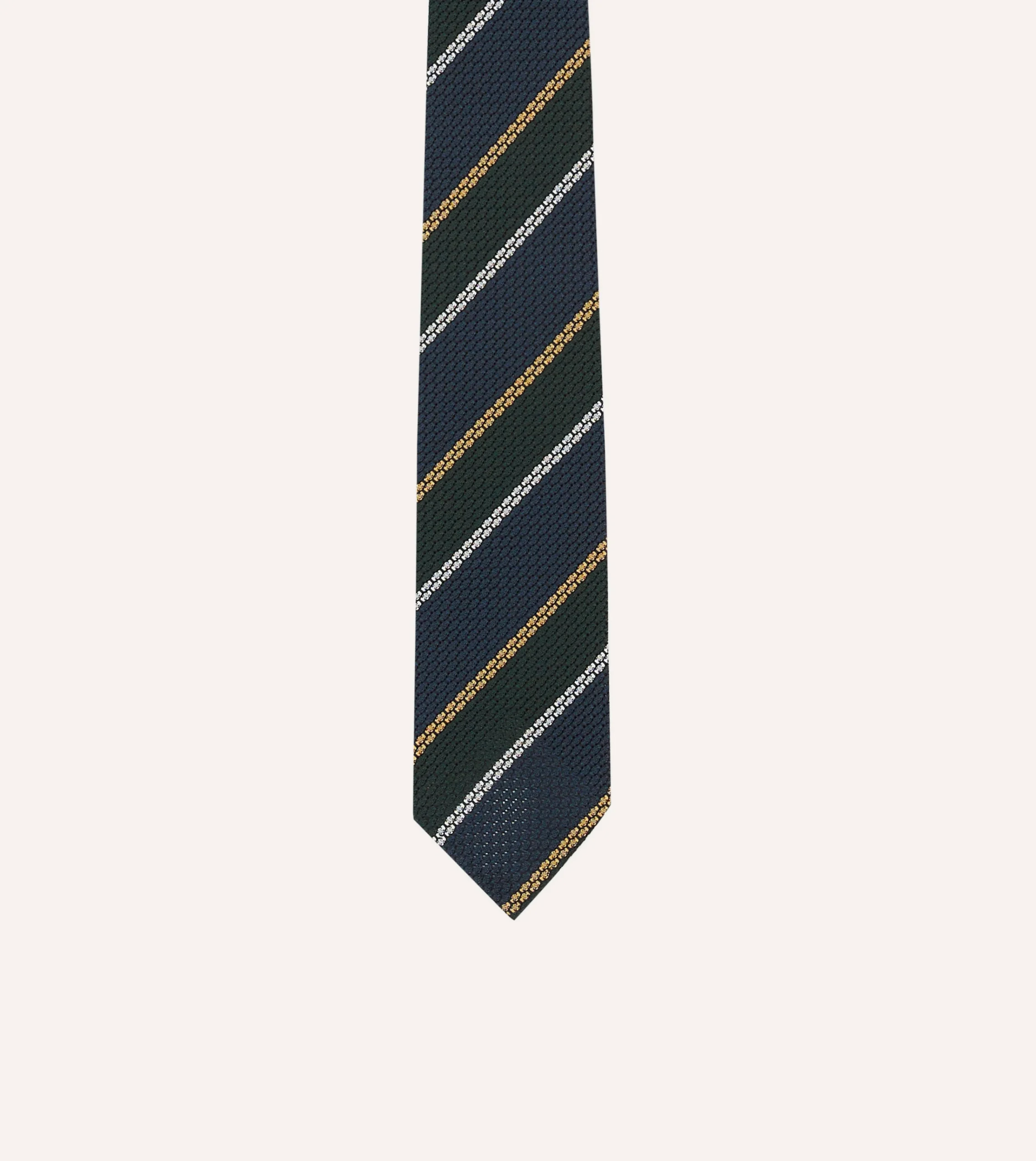 Drake’s Navy, White And Green Stripe Hand Rolled Silk Grenadine Tie