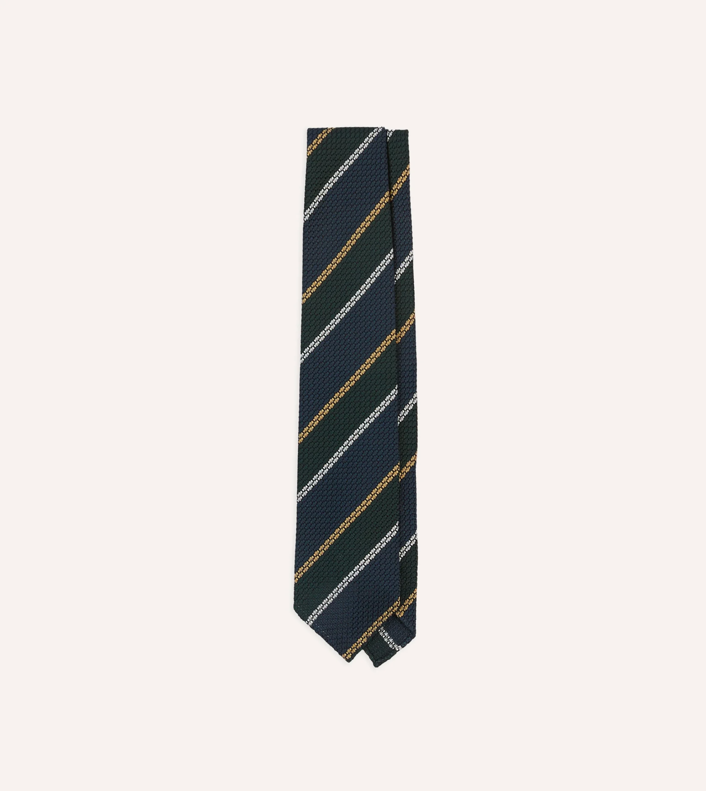 Drake’s Navy, White And Green Stripe Hand Rolled Silk Grenadine Tie
