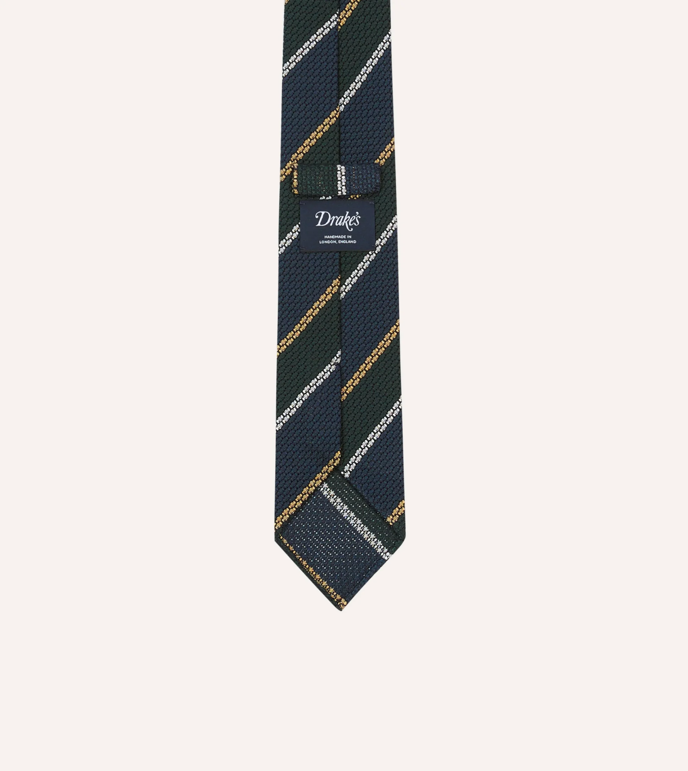 Drake’s Navy, White And Green Stripe Hand Rolled Silk Grenadine Tie
