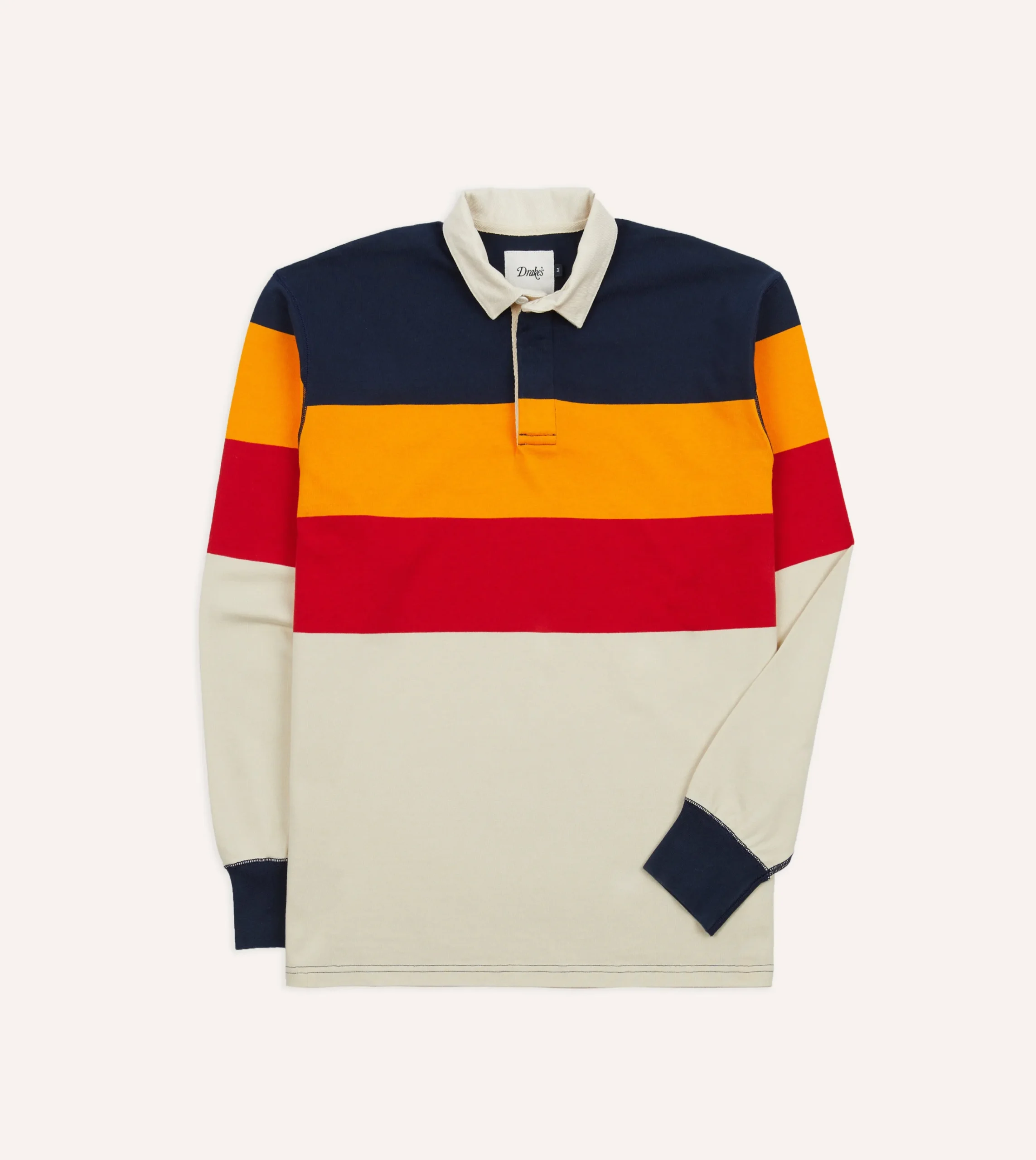 Drake’s Navy, Yellow And Red Block Stripe Cotton Rugby Shirt