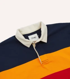 Drake’s Navy, Yellow And Red Block Stripe Cotton Rugby Shirt