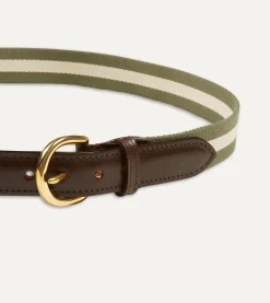 Drake’s Olive And Ecru Stripe Webbing And Leather Belt With Brass Buckle