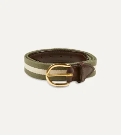 Drake’s Olive And Ecru Stripe Webbing And Leather Belt With Brass Buckle