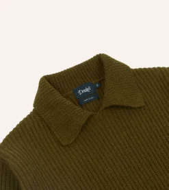 Drake’s Green Alpaca Lambswool Ribbed Integral Collar Jumper