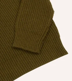 Drake’s Green Alpaca Lambswool Ribbed Integral Collar Jumper