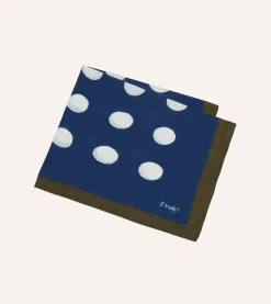 Drake’s Olive, Navy And Ecru Large Spots Print Cotton-Silk Pocket Square