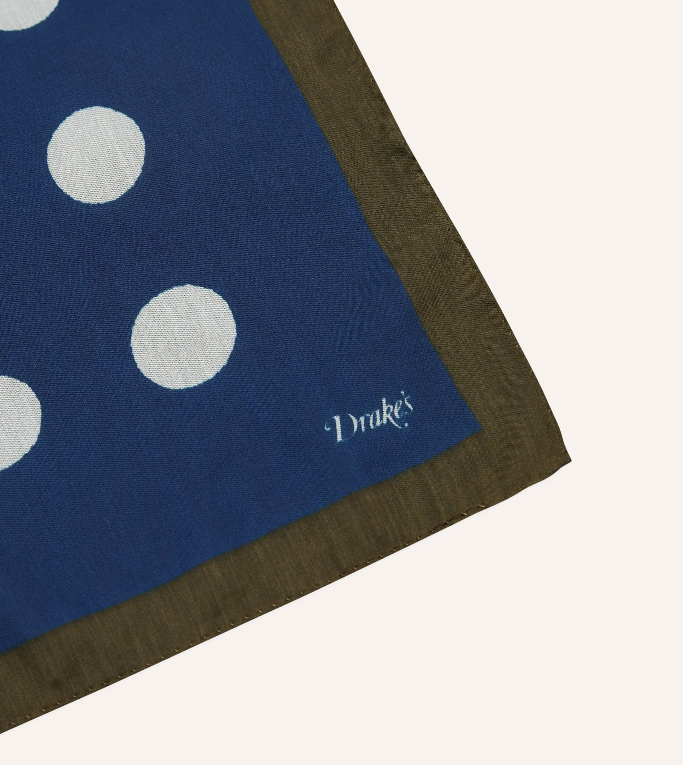 Drake’s Olive, Navy And Ecru Large Spots Print Cotton-Silk Pocket Square