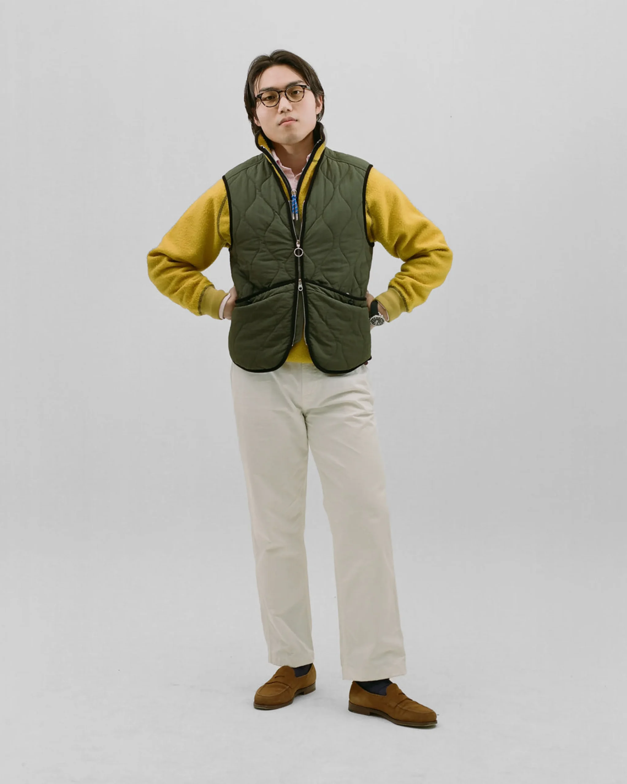 Drake’s Olive Quilted Nylon Zip Vest