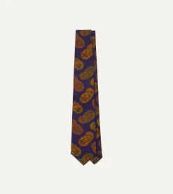 Drake’s Purple Large Paisley Print Silk Self Tipped Tie
