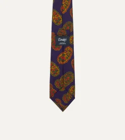 Drake’s Purple Large Paisley Print Silk Self Tipped Tie