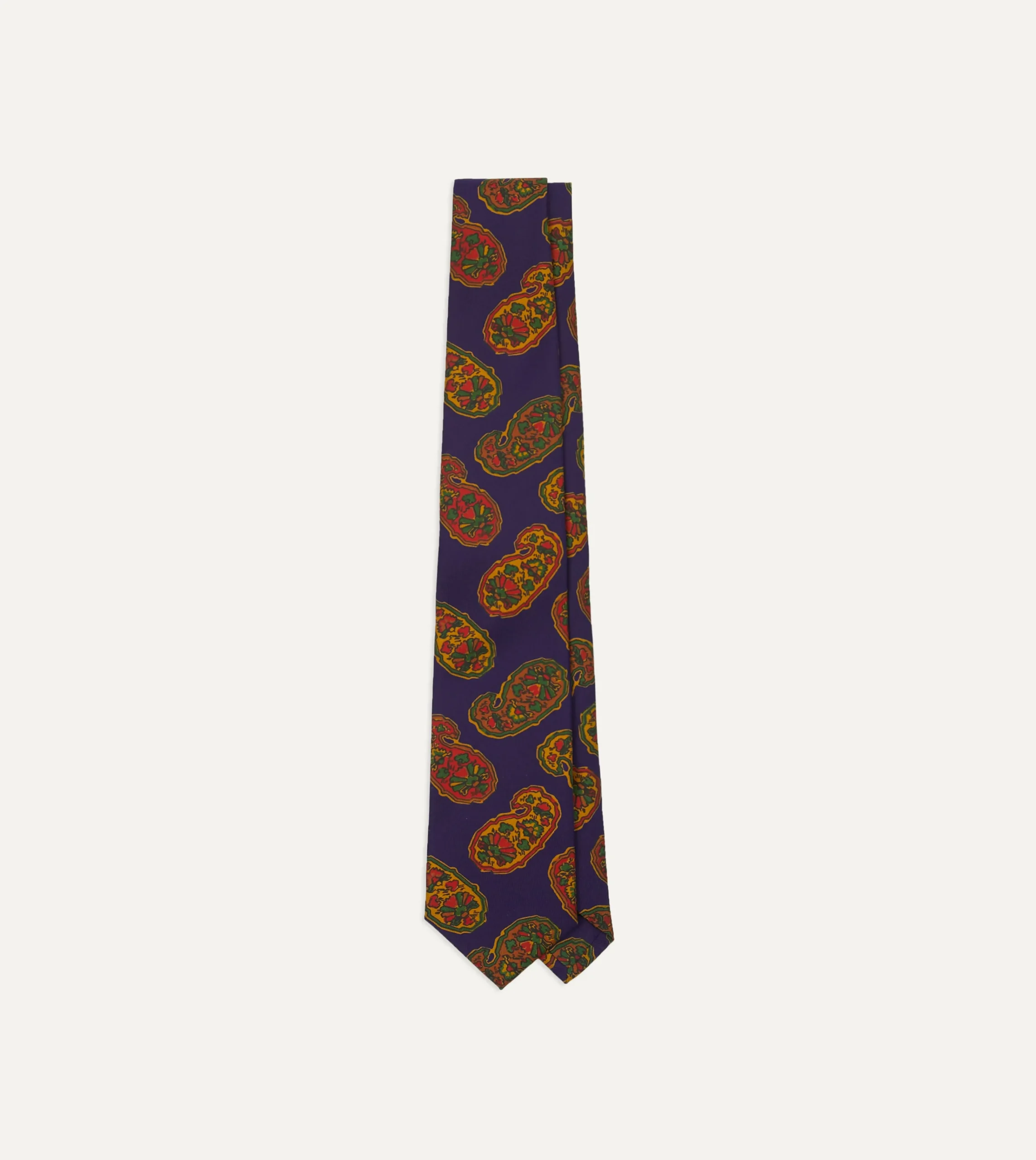 Drake’s Purple Large Paisley Print Silk Self Tipped Tie
