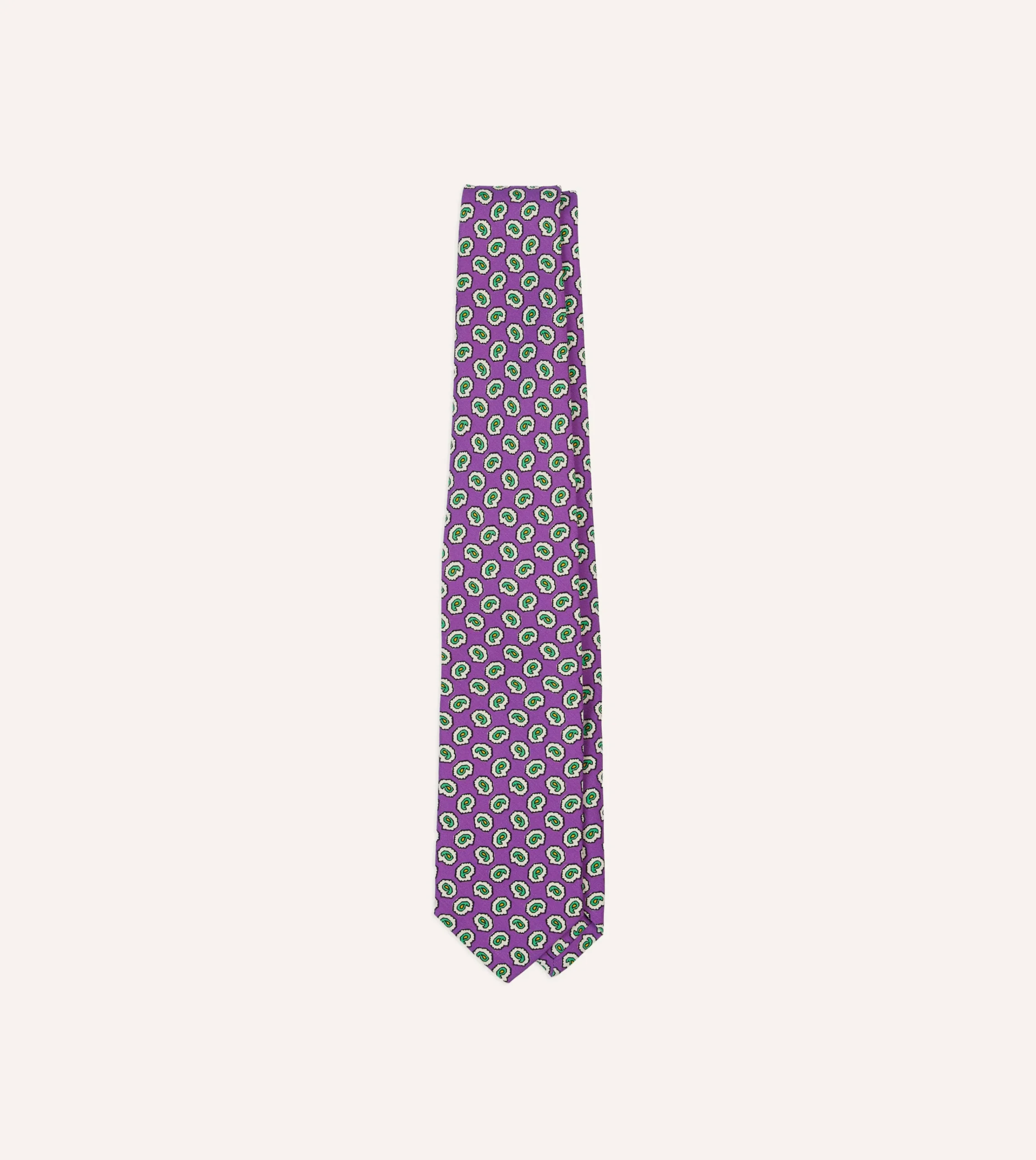 Drake’s Small Paisley Leaf Print Silk Self Tipped Tie