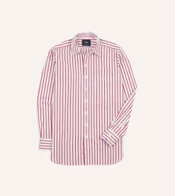 Drake’s Red And White Stripe Cotton Poplin Long Point Collar Shirt