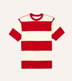 Drake’s And White Wide Stripe Heavy Cotton Crew Neck Hiking T-Shirt