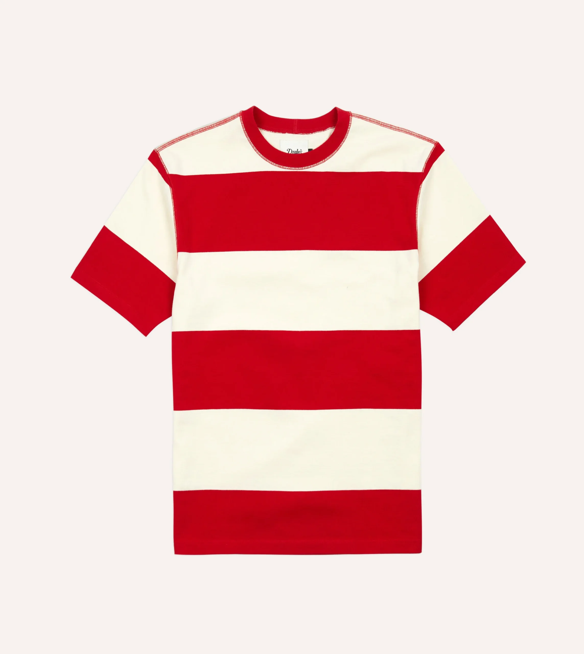 Drake’s And White Wide Stripe Heavy Cotton Crew Neck Hiking T-Shirt
